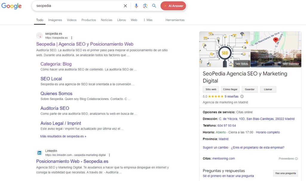 Seopedia busqueda ficha google business profile en google