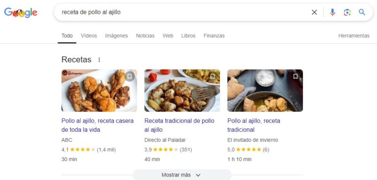 resultado recetas en serp
