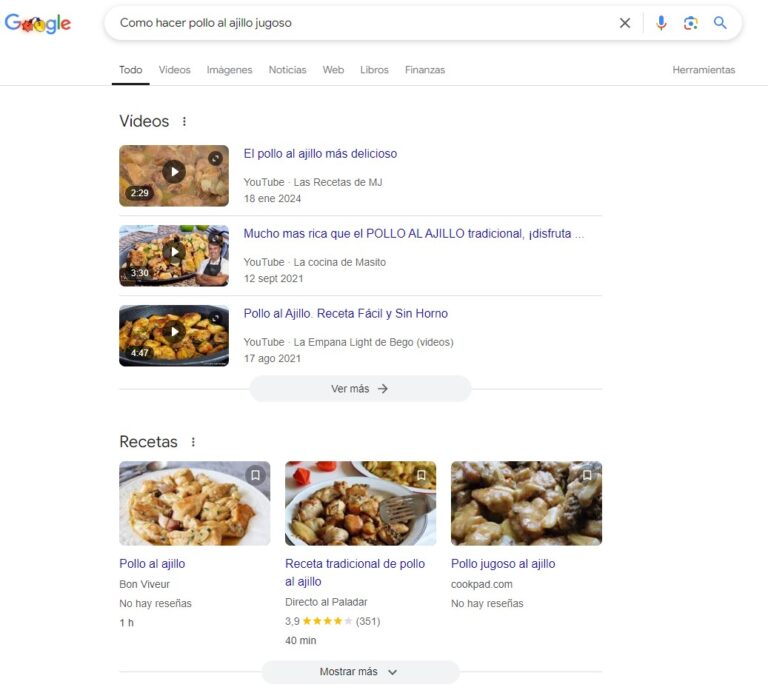 resultado de serp con video para recetas 